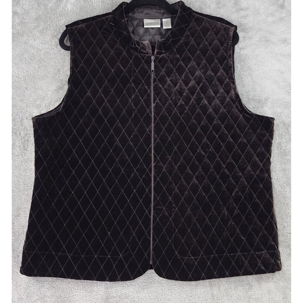 Chicos Vest Womens Size 3 Brown Velvet‎ Diamond Quilted Full Zip Sleeveless Top